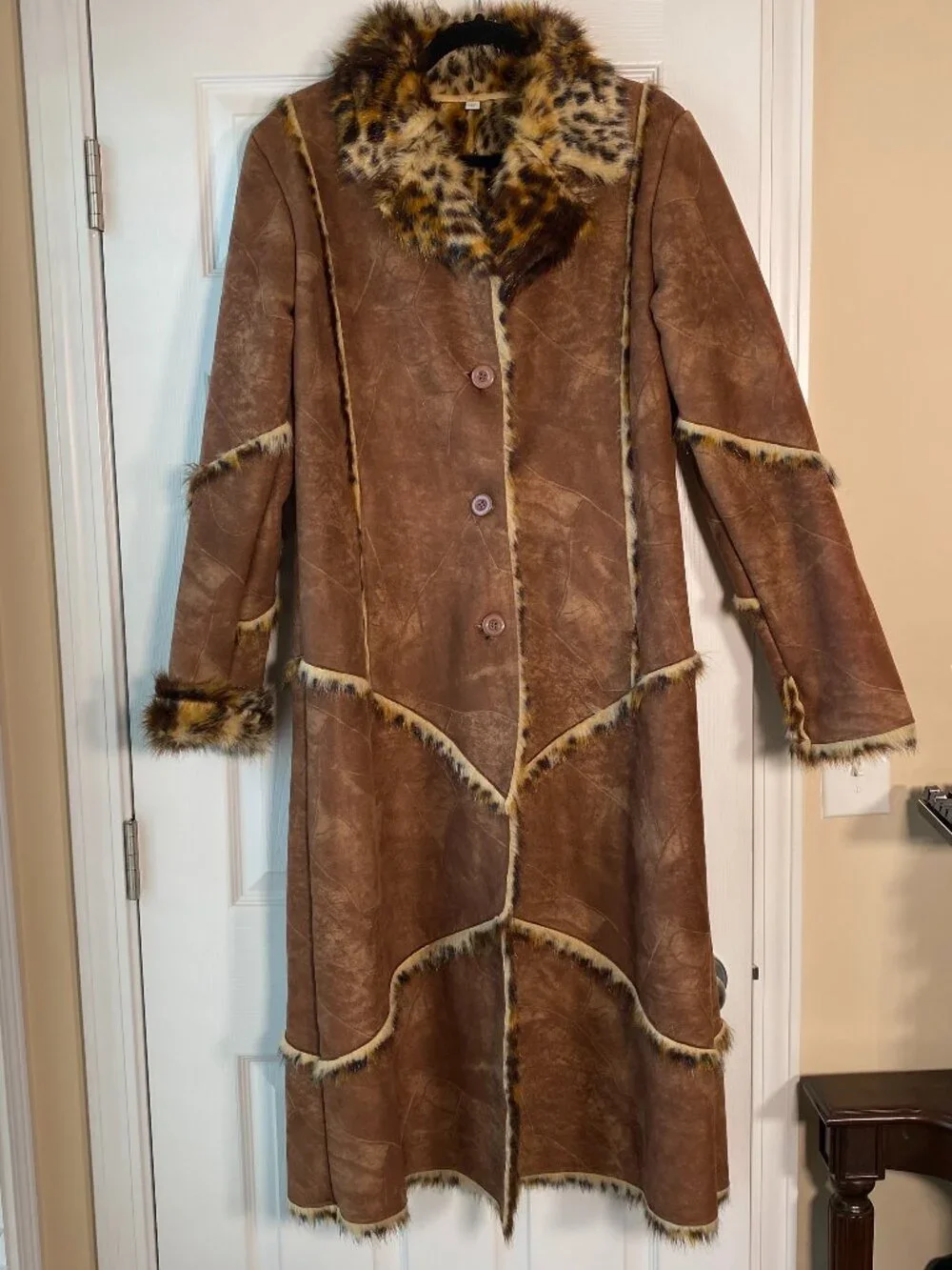 Style by Midnight Velvet | Leopard Fur Trim Maxi Coat | Size M - Picture 1 of 8